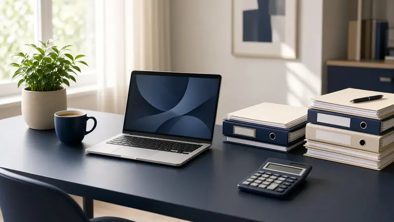 Tidy accounting desk with laptop, binders and calculator (AI-generated image)