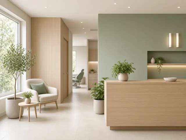 Calm, plant-filled dental office reception (AI-generated image)