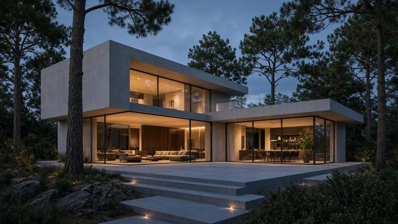 Concrete and glass house at dusk among pines (AI-generated image)