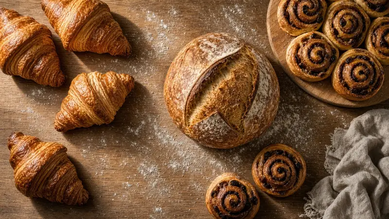 Croissants, sourdough and cinnamon buns on a floured table (AI-generated image)