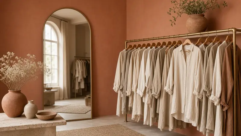 Boutique rail of linen garments by an arched mirror (AI-generated image)