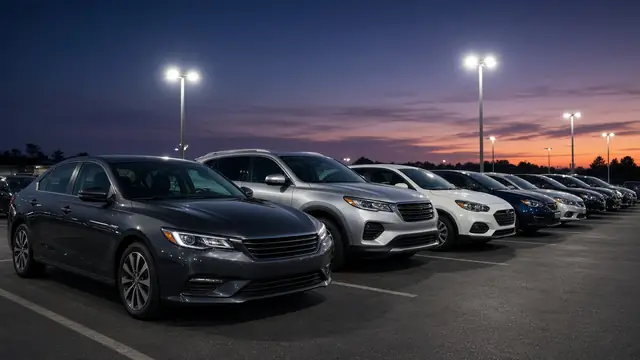 Used cars on a dealership lot at dusk (AI-generated image)