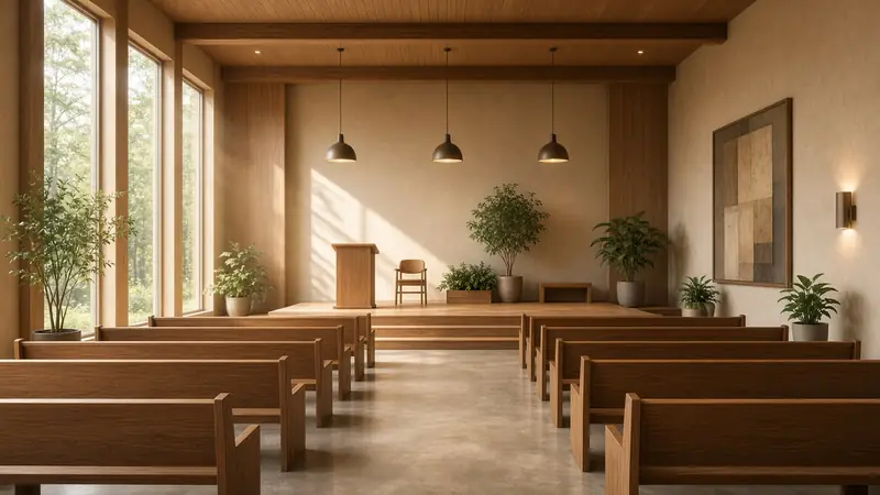 Bright wooden church sanctuary with plants (AI-generated image)