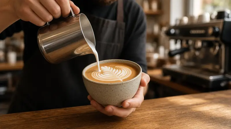 Barista pouring latte art into a ceramic cup (AI-generated image)