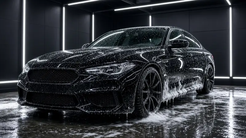 Black sedan covered in foam in a dark detailing studio (AI-generated image)