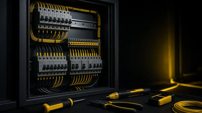 Neatly wired electrical panel with tools (AI-generated image)