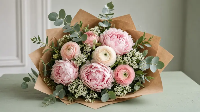 Peony and ranunculus bouquet wrapped in kraft paper (AI-generated image)