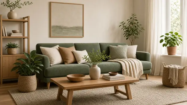 Living room with sage sofa and oak table (AI-generated image)
