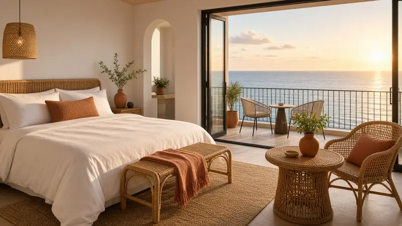 Boutique hotel room with ocean balcony at sunset (AI-generated image)