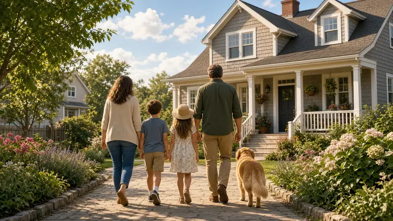 Family walking toward their home with a dog (AI-generated image)