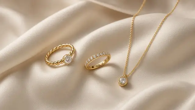 Gold rings and necklace on cream silk (AI-generated image)