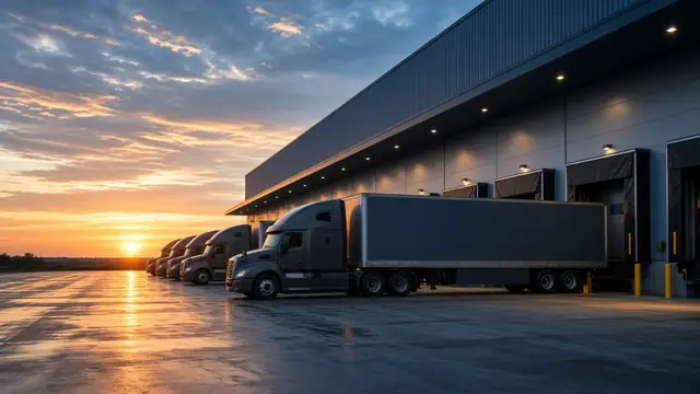 Trucks at a warehouse loading dock at dawn (AI-generated image)