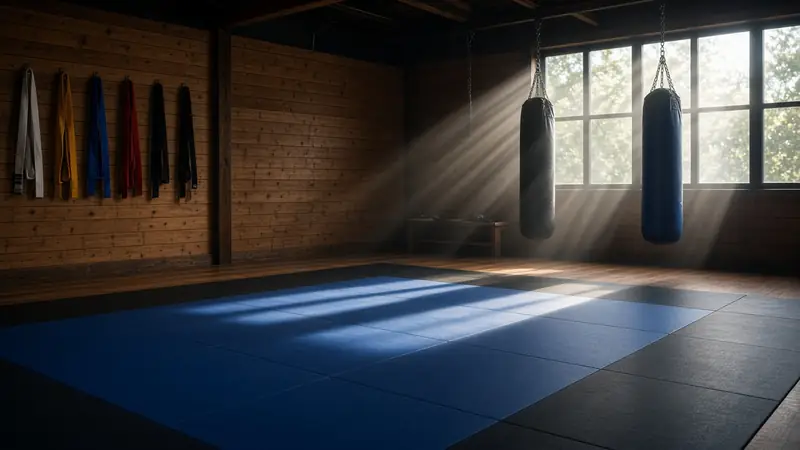 Empty dojo with blue mats, belts and heavy bags (AI-generated image)