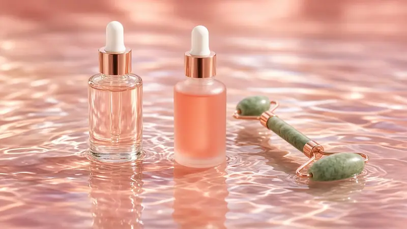 Serum bottles and jade roller on rippled water (AI-generated image)