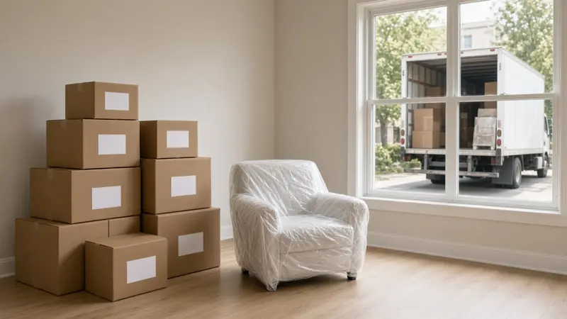 Stacked moving boxes and wrapped armchair by a window (AI-generated image)