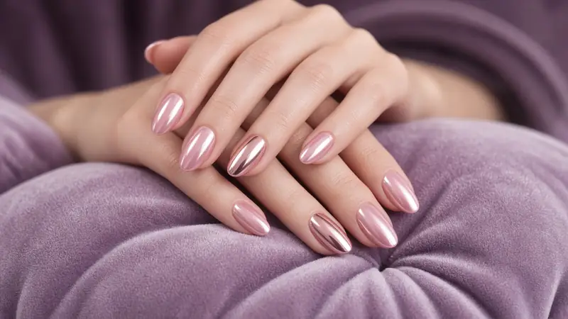 Glossy pink chrome manicure on a lilac velvet cushion (AI-generated image)