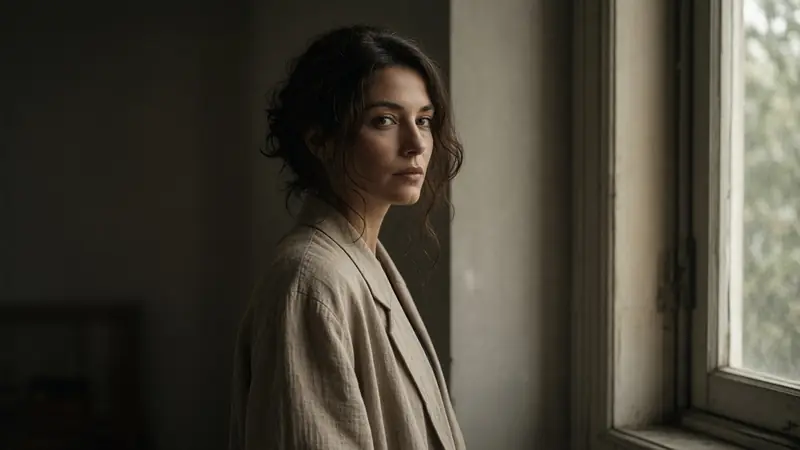 Moody window-light portrait of a woman in a linen coat (AI-generated image)
