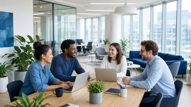Team working together at laptops (AI-generated image)