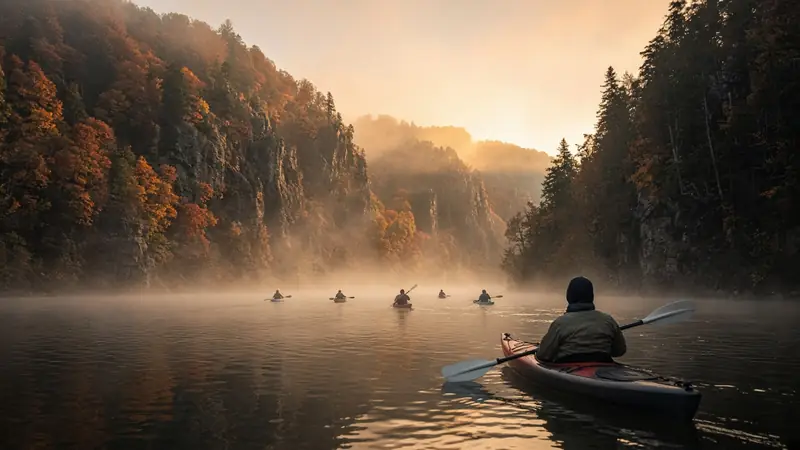 Kayakers on a misty river between autumn cliffs (AI-generated image)