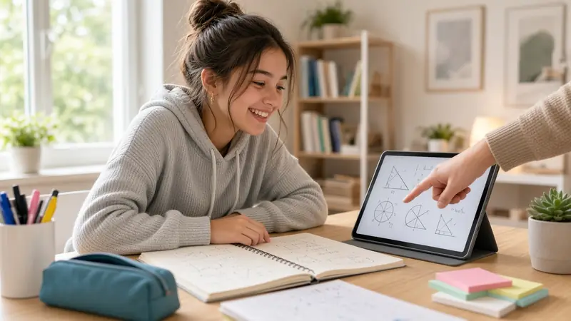 Smiling teen student working through math with a tutor (AI-generated image)