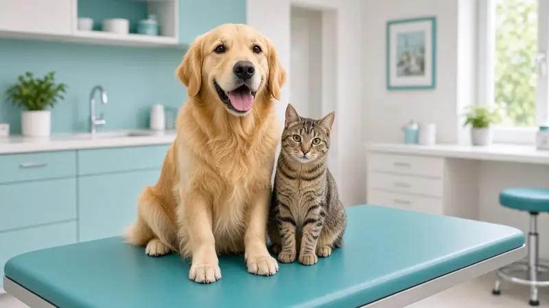 Golden retriever and tabby cat in a bright vet exam room (AI-generated image)