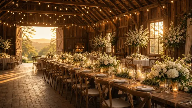 Barn wedding reception with candles and flowers (AI-generated image)